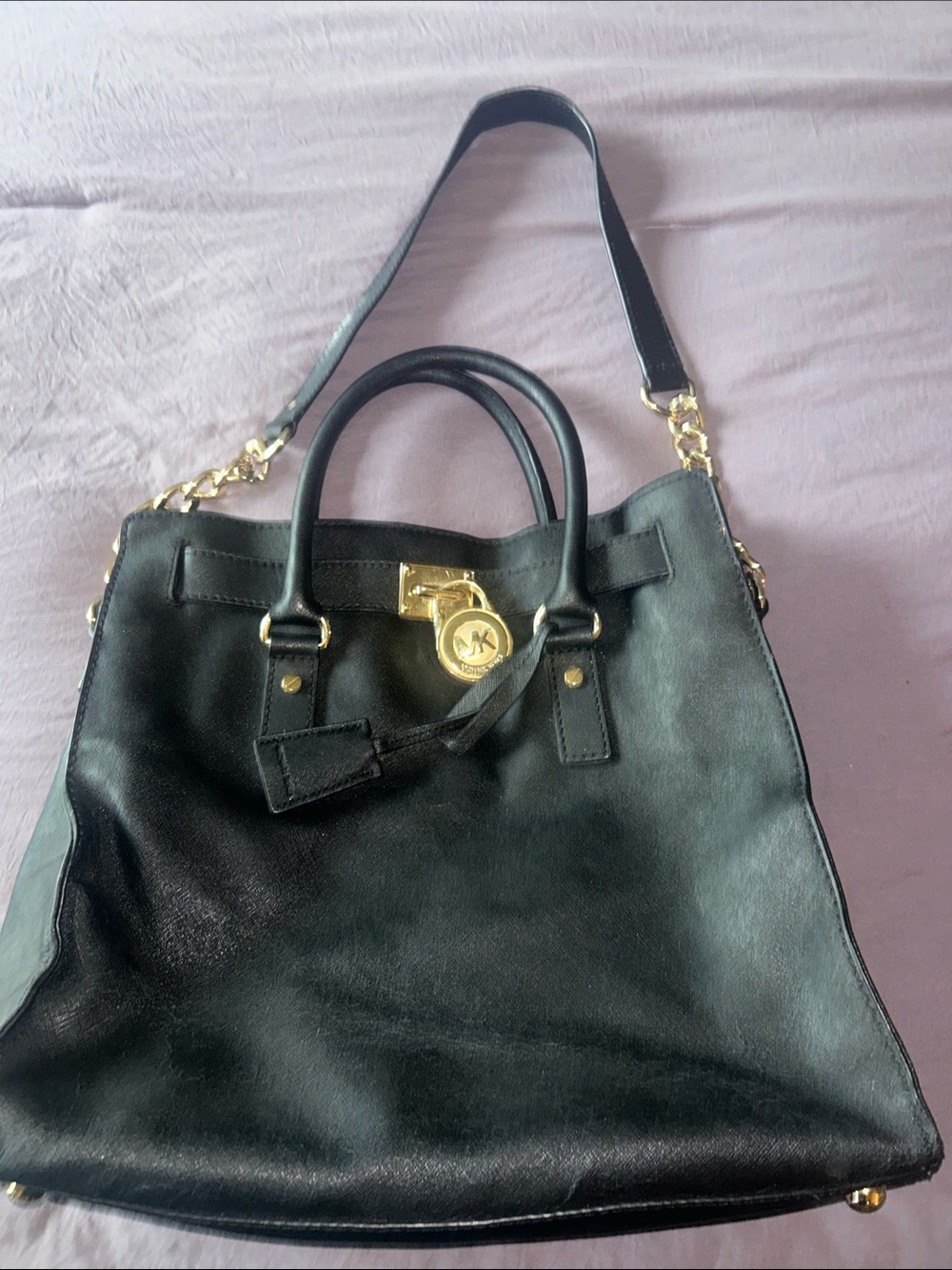 Michael Kors Black Leather Tote with Gold Accents